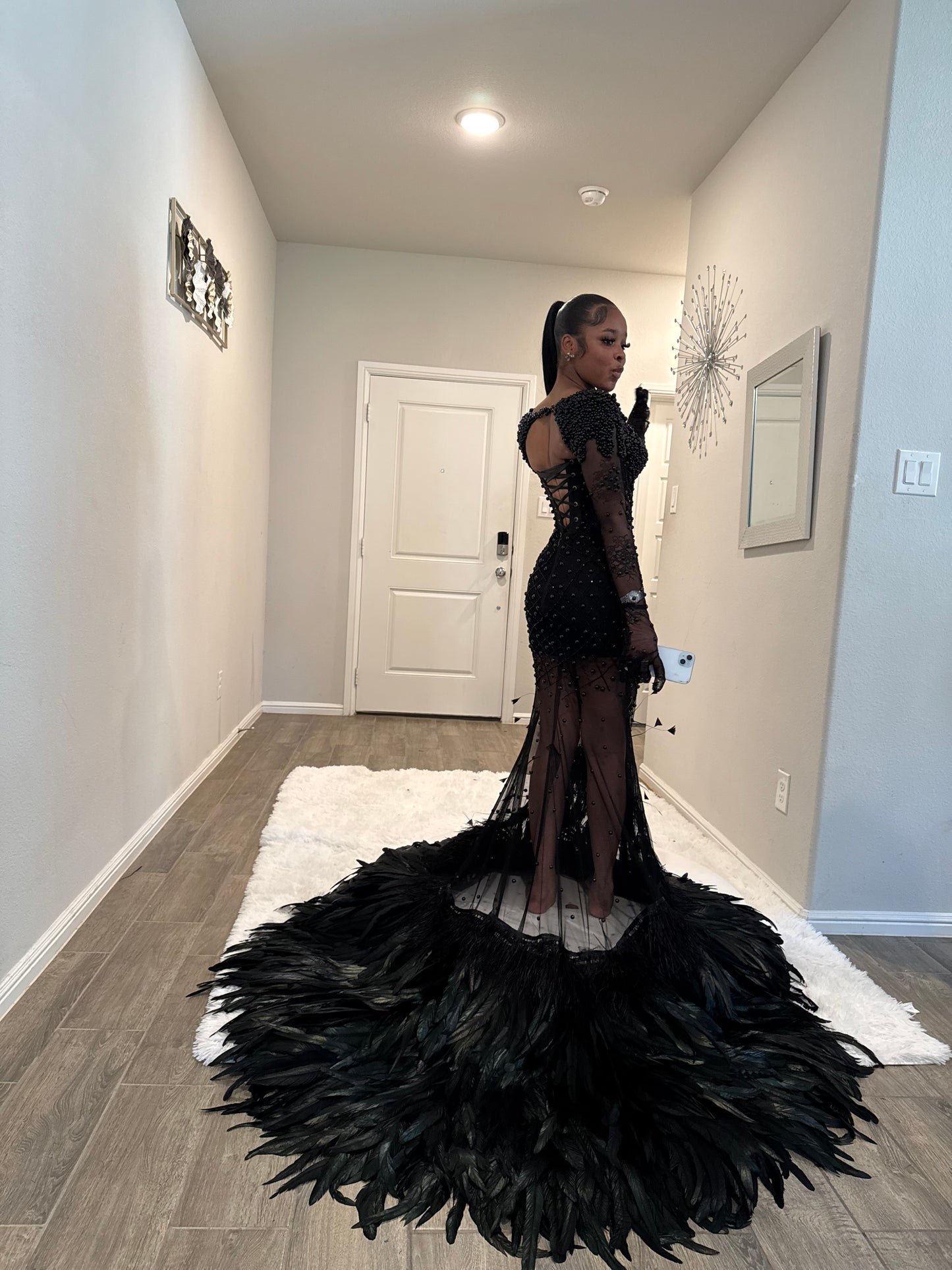 Jord: Beaded Blact Dress with feathers